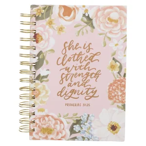 She is Clothed with Strength and Dignity Pink Floral Large Hardcover Wirebound Journal